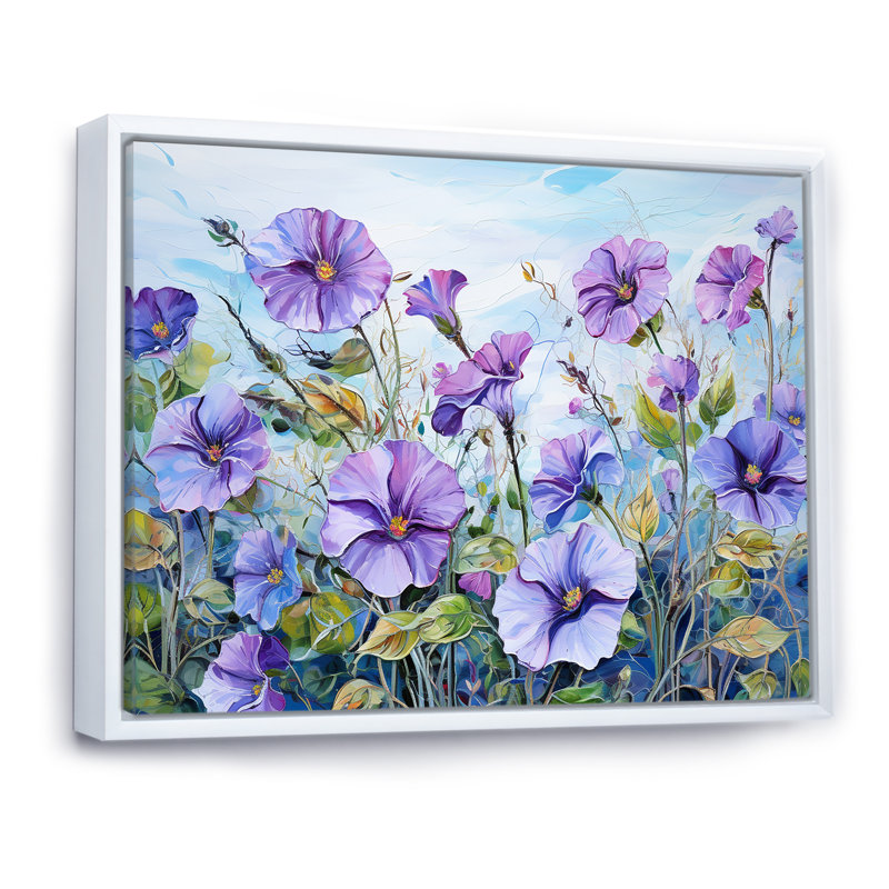 «Purple Morning Glory Flowers» sur toile, Cadre flottant blanc, H 24 po x l 32 po x P 1 po