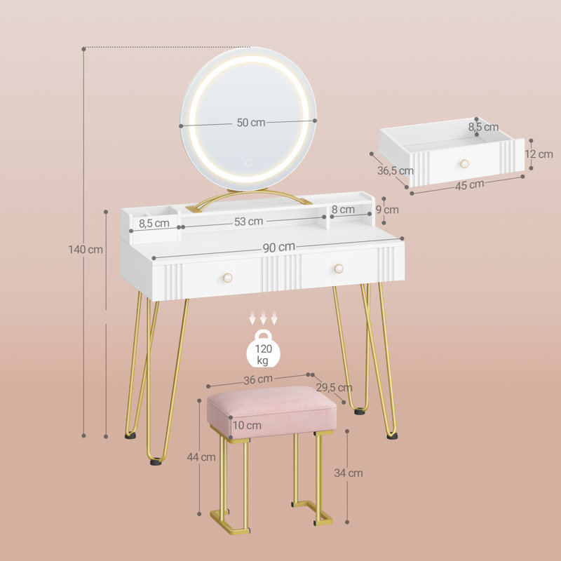 Dressing Table Set with LED Lights Mirror, Adjustable Brightness, Vanity Desk with Pink Stool, Makeup Vanity Table with 2 Drawers, 2 Open Storage Areas, 2 Compartments