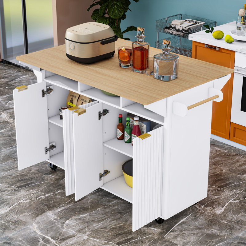 Chariot pour îlot de cuisine avec 2 abattants, prise de courant, grand espace de rangement et support à épices, Natural/White