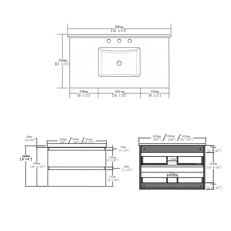 Meuble-lavabo flottant de 36 pouces avec lavabo brun et armoire en contreplaqué avec portes à fermeture en douceur