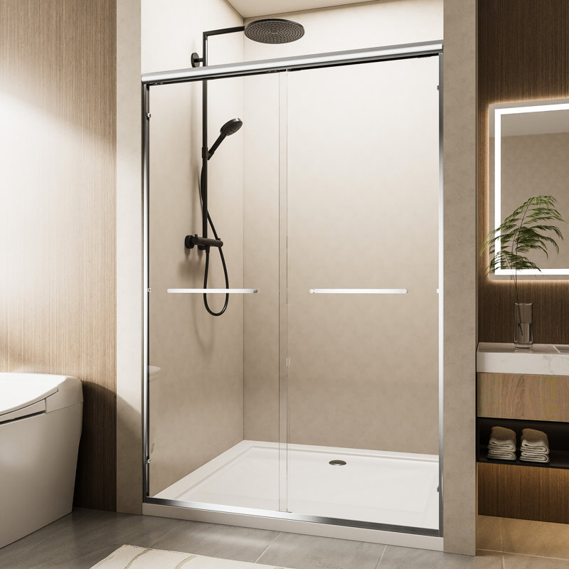 Aluminum Frame Double Sliding Shower Door With 1/4" Nano - Coated Tempered Glass, Dual Stainless Steel Handles, Waterproof Design And Adjustable Width For Bathroom 60" Wide Door, Corrosion Reversible
