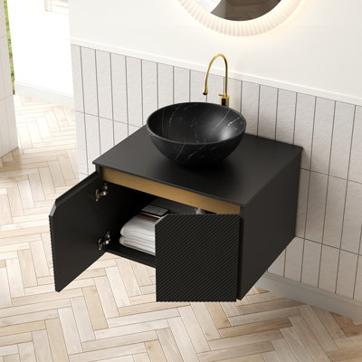 Meuble-lavabo 24 po, meuble de rangement mural en contreplaqué flottant, portes doubles en sergé avec garniture en métal, vasque en céramique noire avec motif en pierre et plateau en pierre frittée noire, noir
