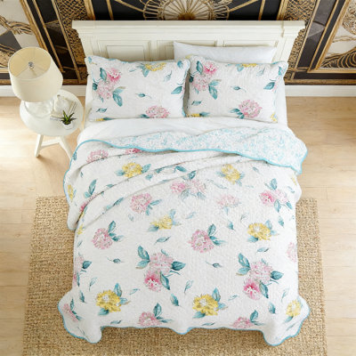 Queen Cotton Turquoise Floral Reversible Quilt Set - Valencia Bloom