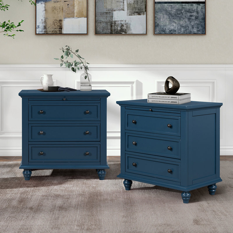 Table de chevet 2 pièces en bois avec 3 tiroirs, Marine