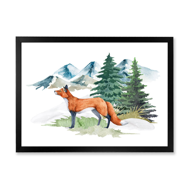 Red Fox in Winter Forest Landscape - peinture sur toile, H 34 po x l 44 po, Toile avec cadre de coin noir fermé