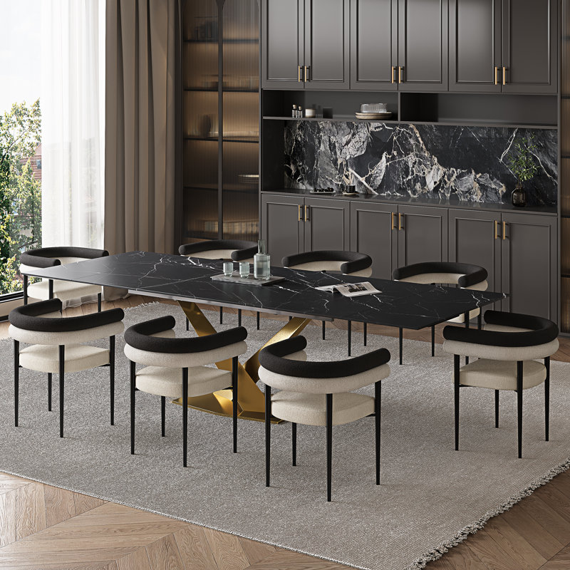Ensemble de table de salle à manger 9 pièces avec plateau extensible en fritté de 94,5 po et fauteuil rembourré, Doré