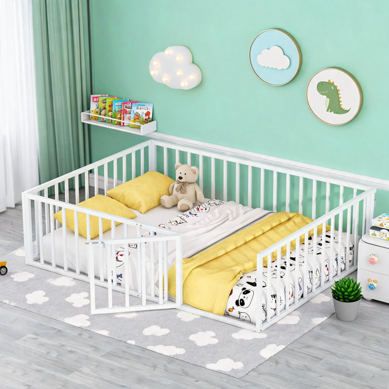 For Kids Bedroom, Queen Size Floor Bed Frame with Fence and Access Door, Metal Construction, Crisp White, Queen