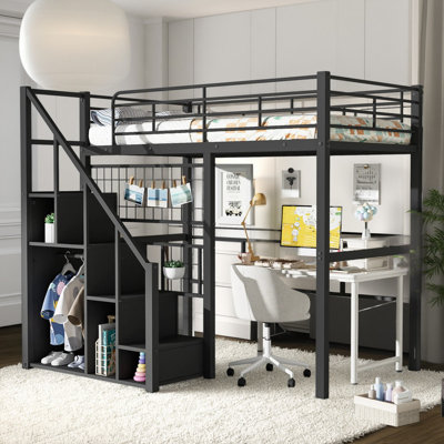 Twin Size Metal Loft Bed with Storage Staircase and Integrated Wardrobe, Space-Saving Design
