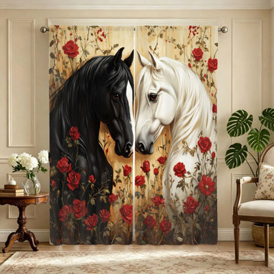 2Pcs Elegant Horse Rose Print Curtains, Light Filtering Fabric, Vintage Artistic Design, Decorative Window Panels for Living Room, Bedroom, Balcony, Kitchen Home Decor
