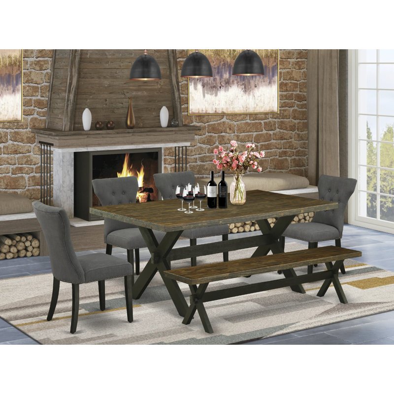 L'ensemble de table de salle à manger 6 pièces contient une table de cuisine rectangulaire avec pieds en X et 4 chaises Parson en tissu de lin Gotham foncé avec un banc, noir brossé