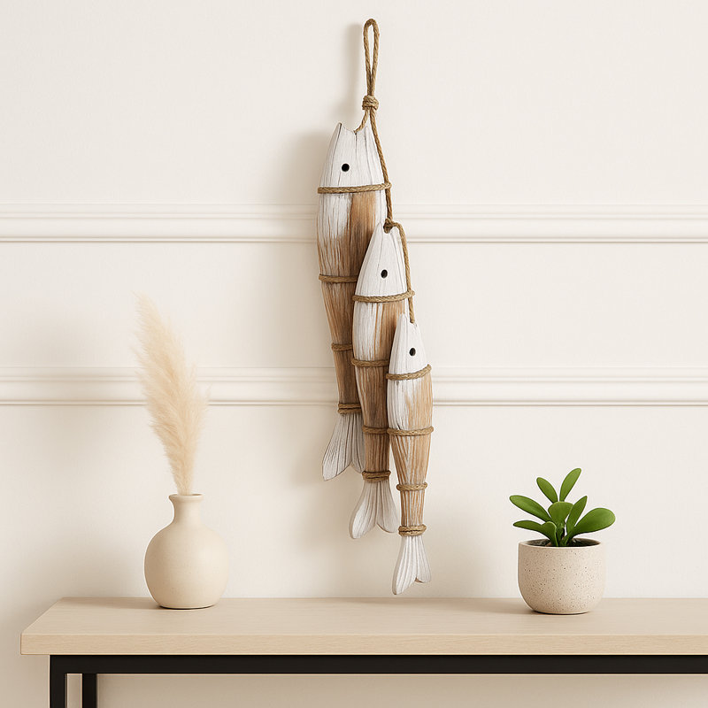 Figurine décorative en bois à 3 poissons sur corde pour décoration intérieure