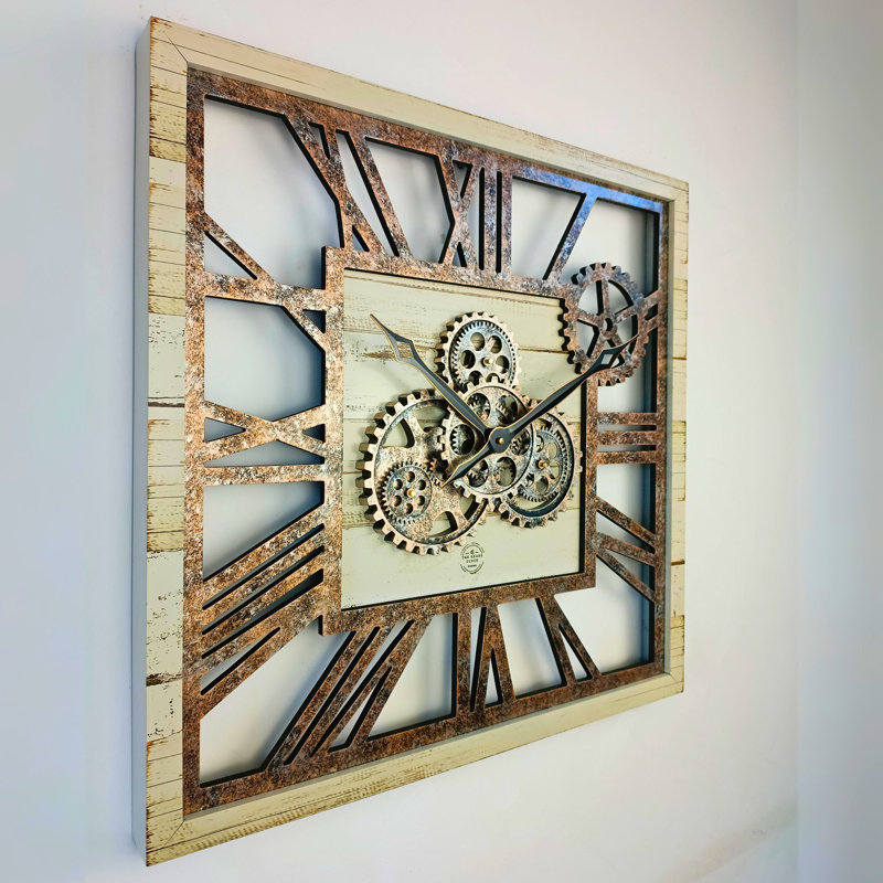 24'' Desert Beige Square Wall Clock with Real Moving Gears