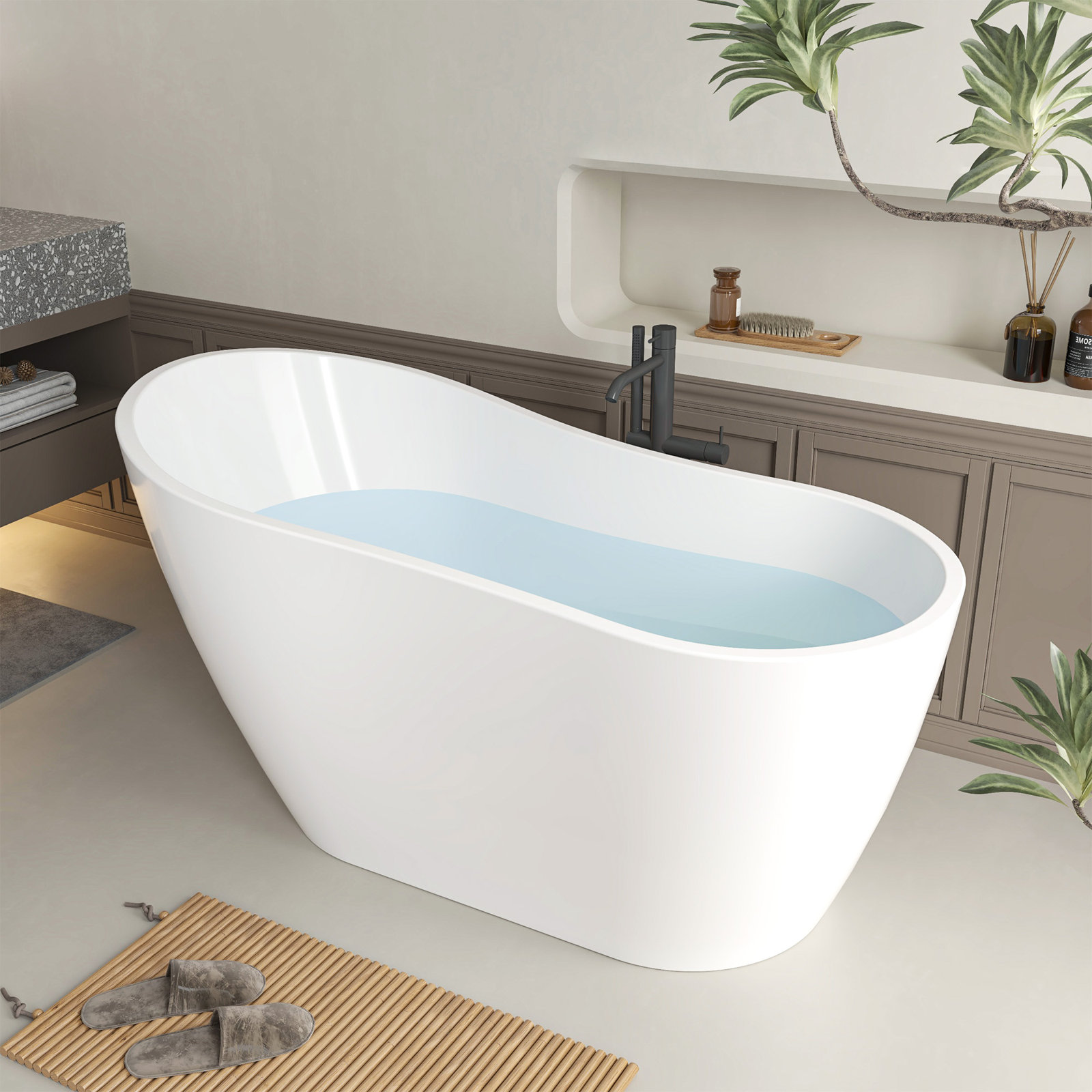 Maya 55" x 28" Freestanding Soaking Acrylic Bathtub, PureWhite