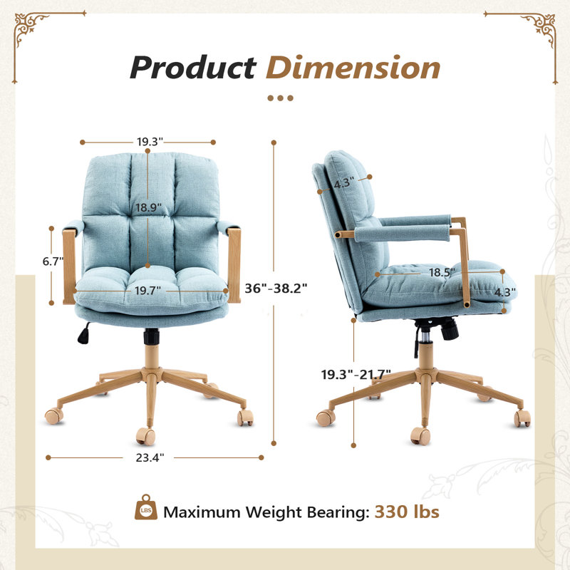 Linen Blend Swivel Office Chair Adjustable Height With Wood Armrests For Home Office And Living Room, Blue