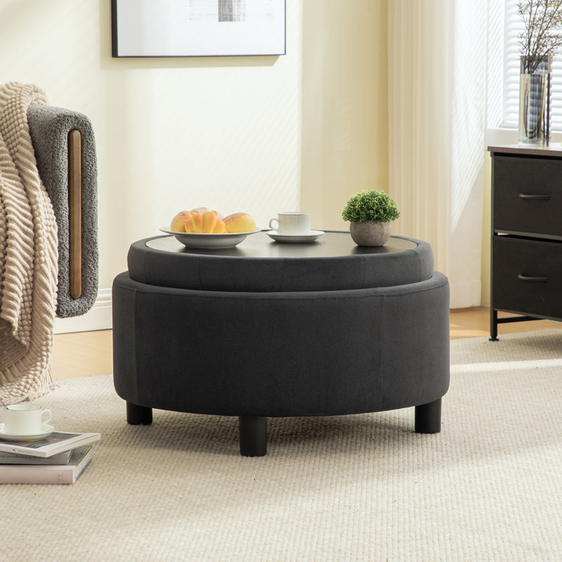 29.3"w Flip-top Round Ottoman, Modern Upholstered Storage Ottoman, Gray