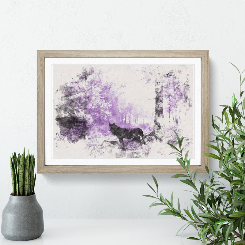 Black Wolf in a Purple Forest - Picture Frame Graphic Art Print, 40cm H x 60cm W x 2cm D, Oak Framed