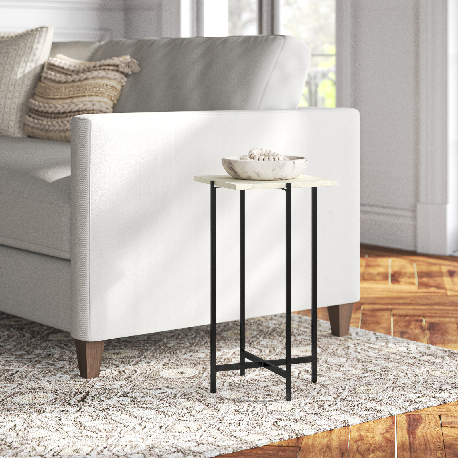 Lia 12" Genuine Marble End Table, White Marble/Black