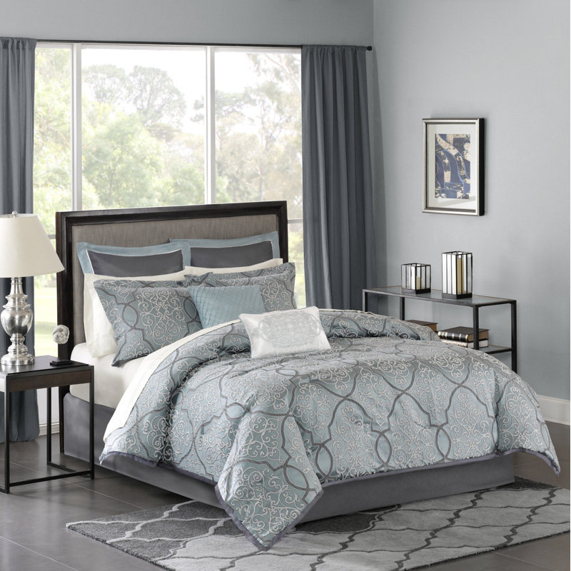 12 Piece Comforter Set With Cotton Bed Sheets, Blue Vintage Look, California King Sheet Set