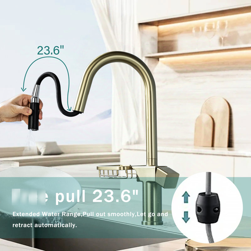 Brushed Gold, Stainless Steel, High Arc Pull - Down Kitchen Faucet, Single Hole, Dual Spray Modes, 360 Swivel, Effortless Setup, Leak Cartridge, Storage Shelf Swivel Out , Quick Installation, Ceramic