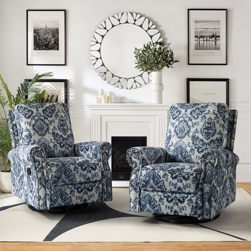 Antasia 34'' W Rocking Swivel Nursery Recliner, Navy Blue/Cream Polyester