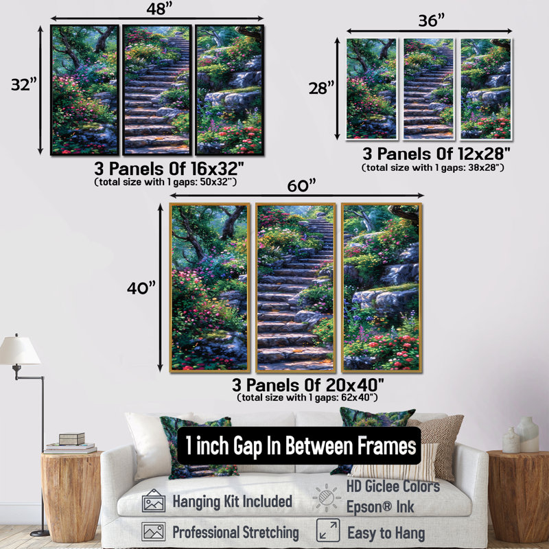 «Country Side Stairs With Blossoming Flowers», ensemble d'art mural champ de fleurs, Cadre flottant brun