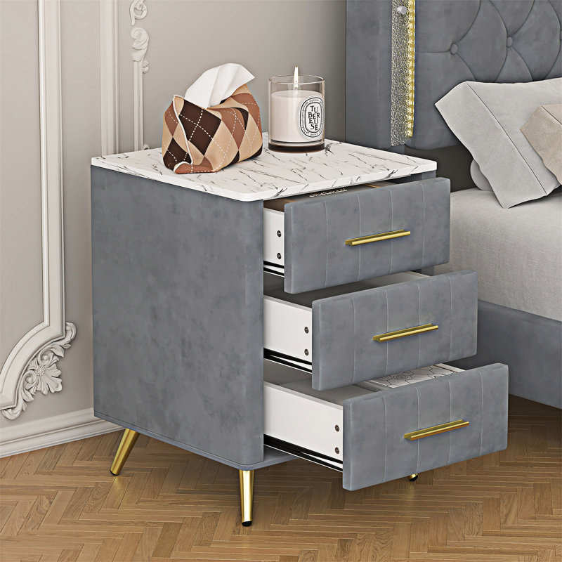 Upholstered Wooden Nightstand Bedside Table With Drawers