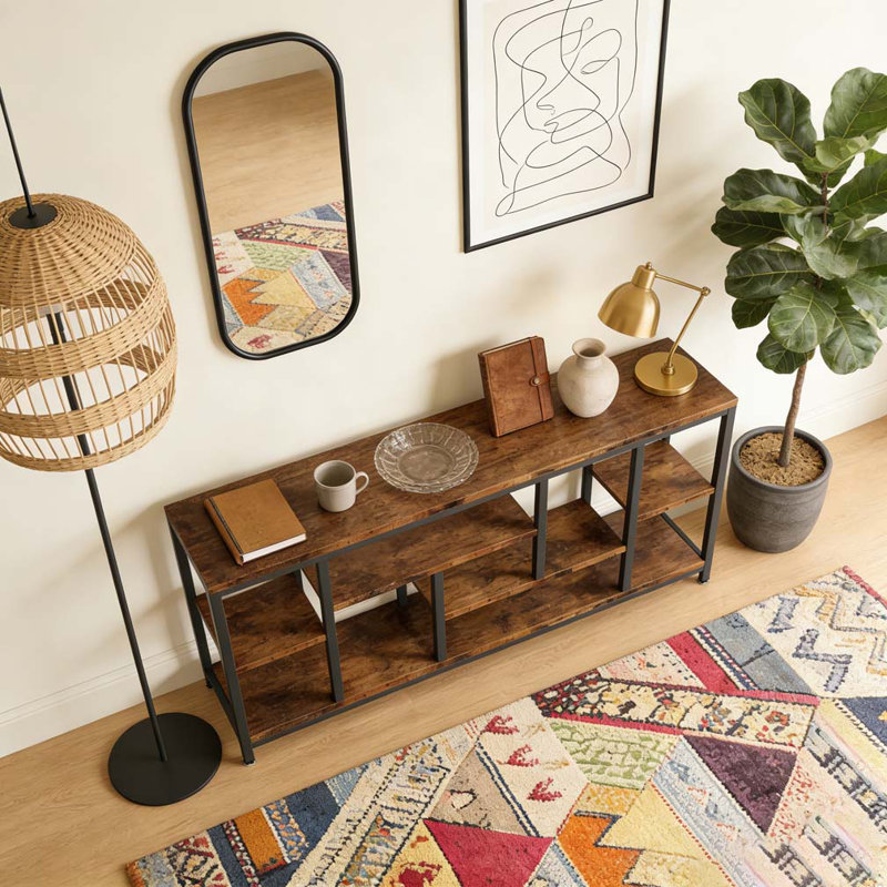 Entryway Sofa Table with Storage Shelves, Rustic Brown & Black