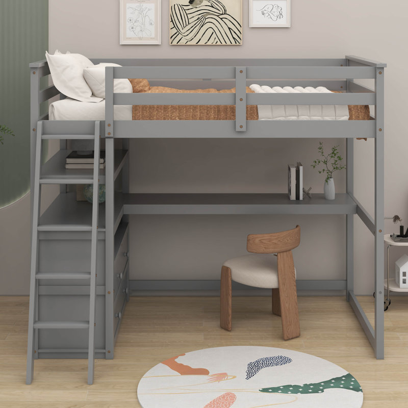 Lit mezzanine simple avec bureau et tablettes, Gris