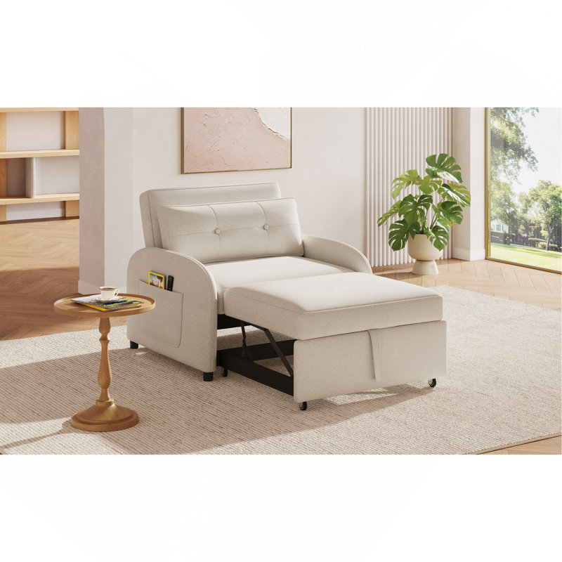 Canapé-lit convertible 3-en-1 avec coussin et poche, fauteuil-causeuse en lin de coton doux, pour salon, chambre à coucher, bureau, appartement, beige
