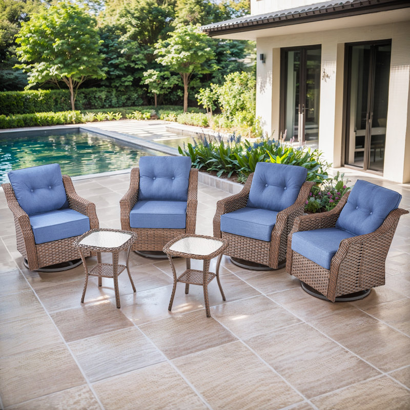 Acton Wicker / Rattan 4 - Person Outdoor Seating Group With Swivel & Glider Chairs And Glass-Top Side Table And Cushions