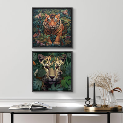 Ensemble de 2 pièces guépard et tigre, plantes et animaux de la jungle botanique encadrée sur toile