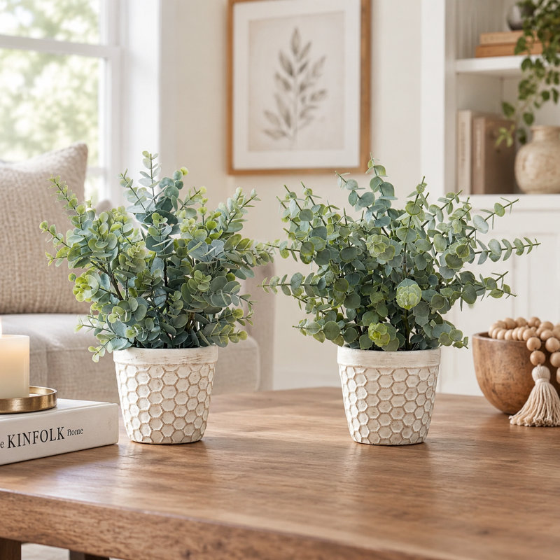 Ensemble de 2 plantes d'eucalyptus artificiel, verdure haute de 13 pouces dans un pot robuste pour une présentation sur table