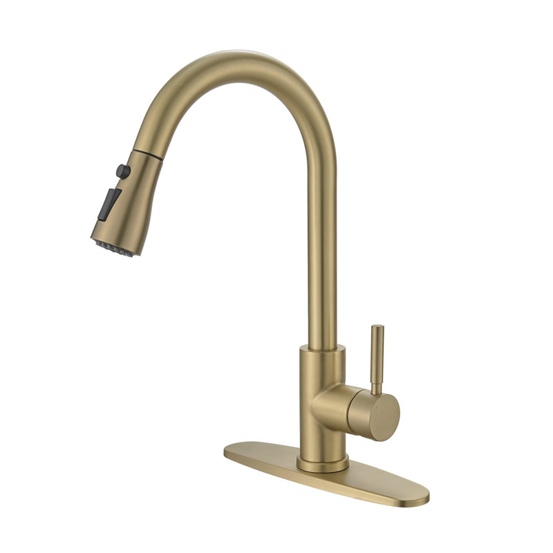 Robinet de cuisine doré avec plaque de pont et robinets de cuisine avec douchette extractible, Or brossé