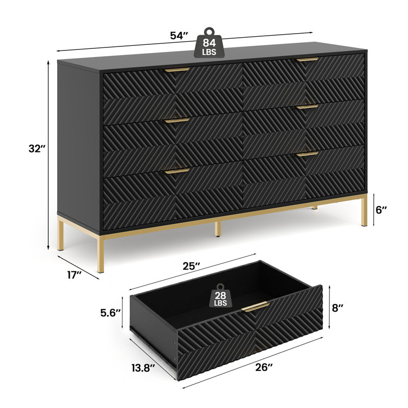 Modern Glam 6-Drawer Dresser, 54" Wide Black Chest with Carved Chevron Drawer Fronts