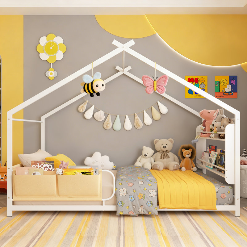 Twin Size House Bed Frame With Storage, Montessori Floor Bed, Metal Kids Bed With Roof And Shelves