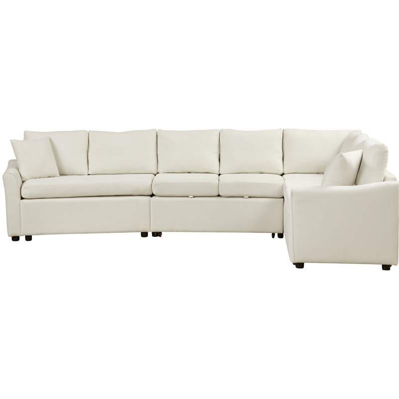 L-Shaped Sectional With Pull Out Sleeper And High Foam, Beige Bed Design Extended Seating, Beige Chenille