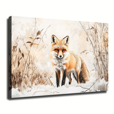 Renard roux dans un champ de neige en hiver, aquarelle, grande toile tendue sur châssis, idéale pour le salon ou la chambre.