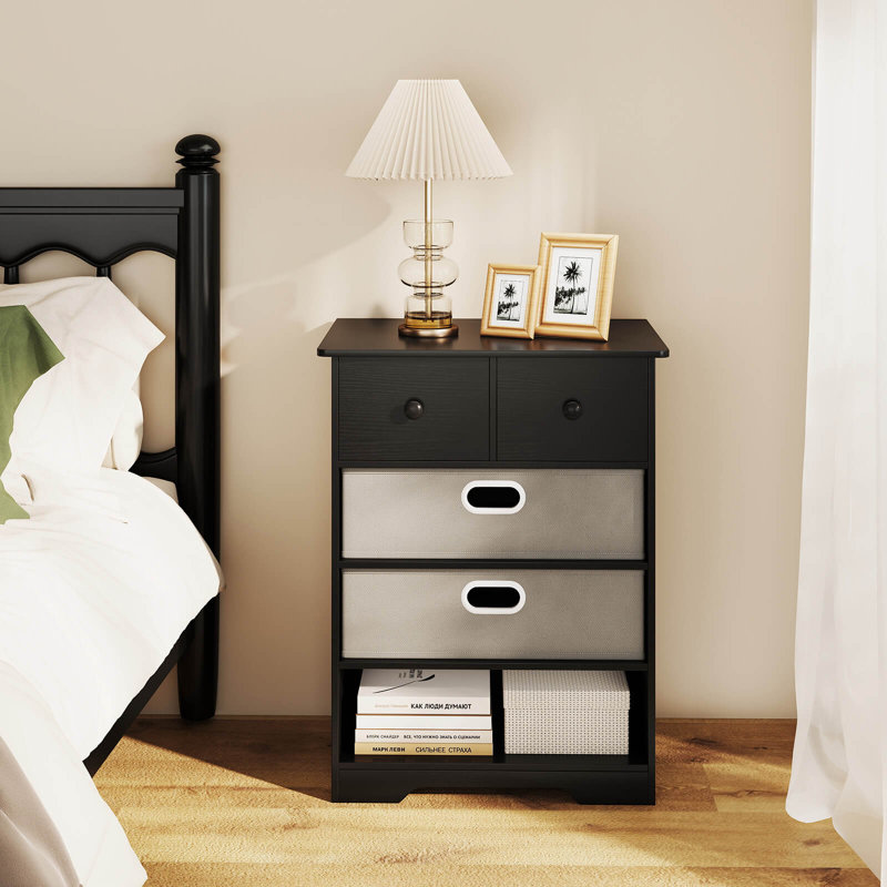 Commode 4 tiroirs avec tiroirs et tablettes ouvertes, Noir/gris