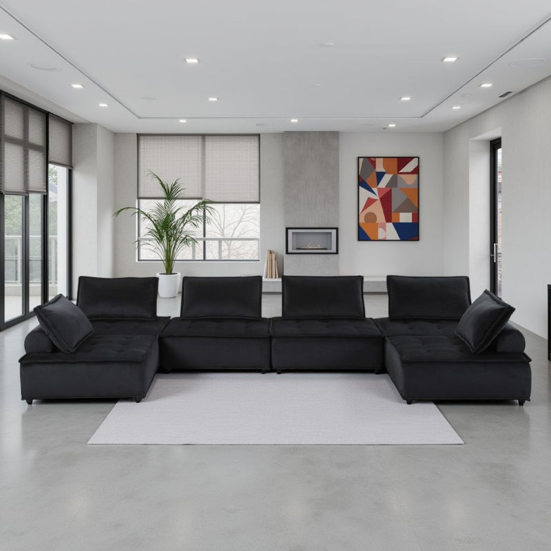 Gouvernour Velvet 6 seat Sectional Sofa ottoman, Black Velvet