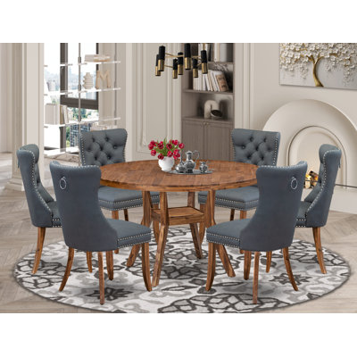 7F1BC143D2C849B796C0ACBCD38BA73D 7-pc Dining set - A Table and 6 Leather Chairs, Button Tufted Back Antique Walnut