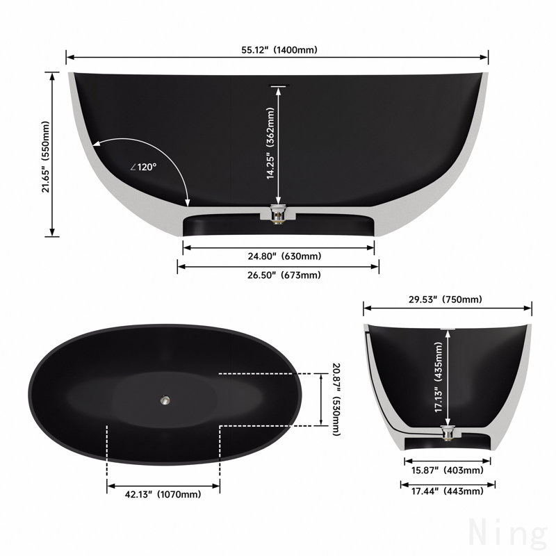 55" Premium Solid Surface Deep Soaking Bathtub, Matte Black