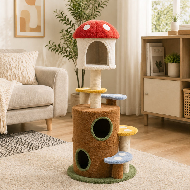 Une structure principale robuste et épaisse ; une grande plateforme d'appartements intégrant une échelle ; un arbre à chat multifonctionnel et amusant en forme de champignon.
