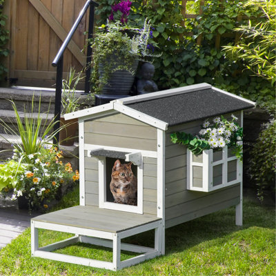 Abri de chat en bois pour l'extérieur avec porte, abri pour chat à 2 étages avec toit en asphalte, balcon, gris foncé