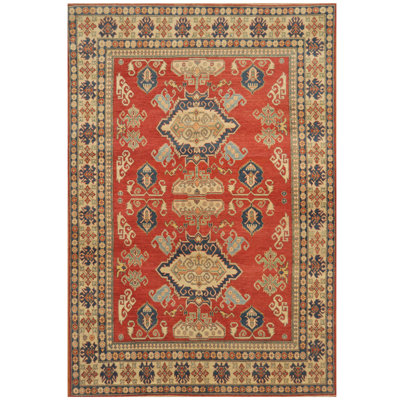 Tapis de zone en laine rouge/ivoire 7 pi 7 po x 11 pi 4 po one-of-kind à la main noué la kazak Dhillon