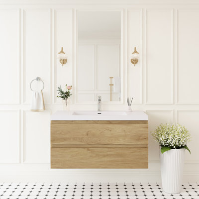 Meuble-lavabo flottant de 42 po, meuble-lavabo mural avec lavabo, lavabo à surface solide, tiroirs à fermeture en douceur, comptoir en résine, dossier ouvert pour la plomberie et solution de rangement à eau moderne, naturel