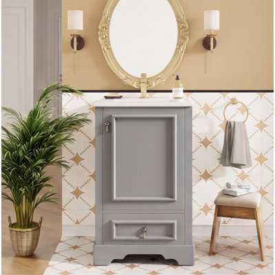 Meuble-lavabo de 50 cm avec lavabo en céramique, porte à fermeture douce, tablette en U réglable, tiroir et tablette de rangement - Bois massif gris moderne