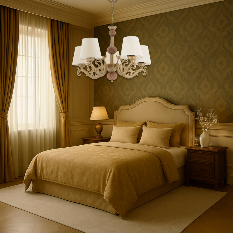 Lustre classique / traditionnel 5 lumières, Or/brun, Crème, crème