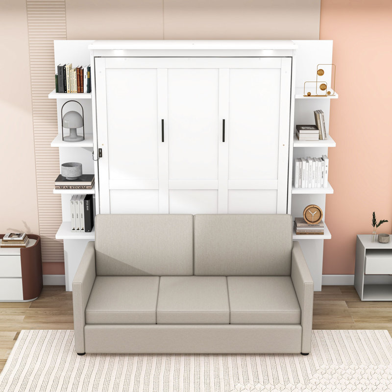 Grand lit escamotable en bois avec lumières et tablettes, Blanc