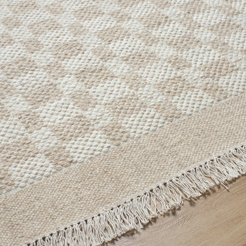 Lavande Checkered Wool Area Rug in Tan/Ivory, Runner 2'6" x 8'