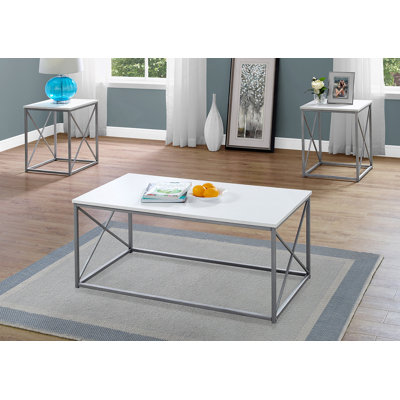 Table Set, Coffee, End, Side, Accent, Living Room, White Laminate, Grey Metal